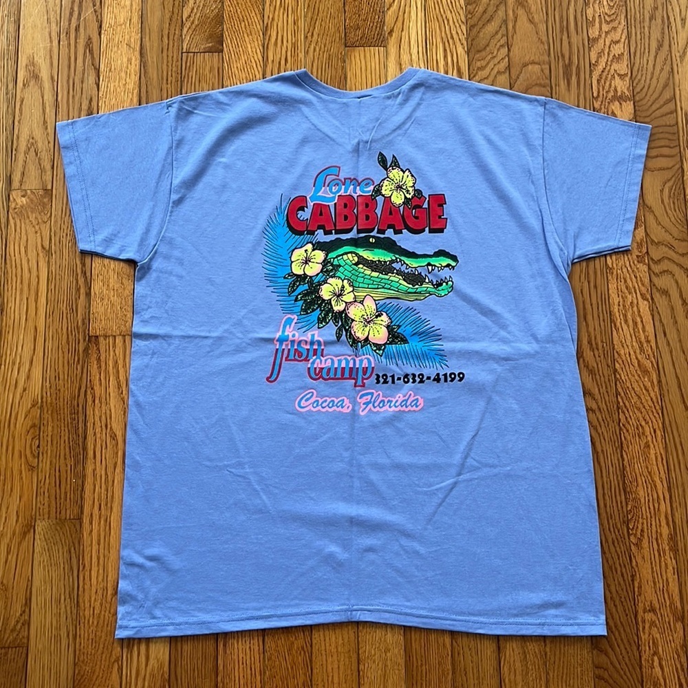Vintage Lone Cabbage‎ Fish Camp Cocoa FL tee sz XL periwinkle graphic anvil